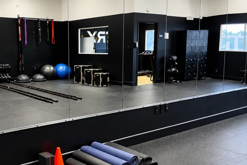 Functional training floor with mirrors and mats at BodyRhythm